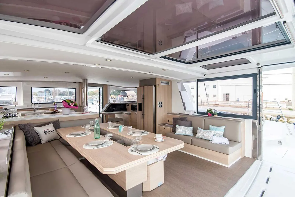 Salon of Blue Moon, a Bali 5.4 catamaran at Ibiza, Spain