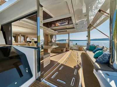 Deck of Blue Moon, a Bali 5.4 catamaran at Ibiza, Spain