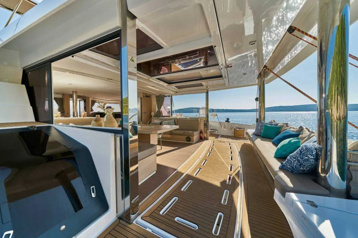 Deck of Blue Moon, a Bali 5.4 catamaran at Ibiza, Spain