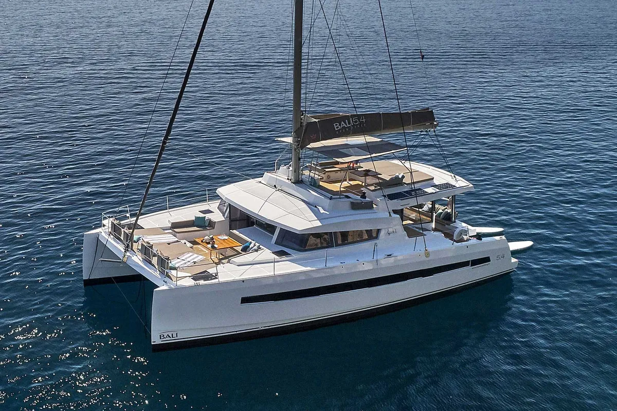 Exterior view of Blue Moon, a Bali 5.4 catamaran at Ibiza, Spain