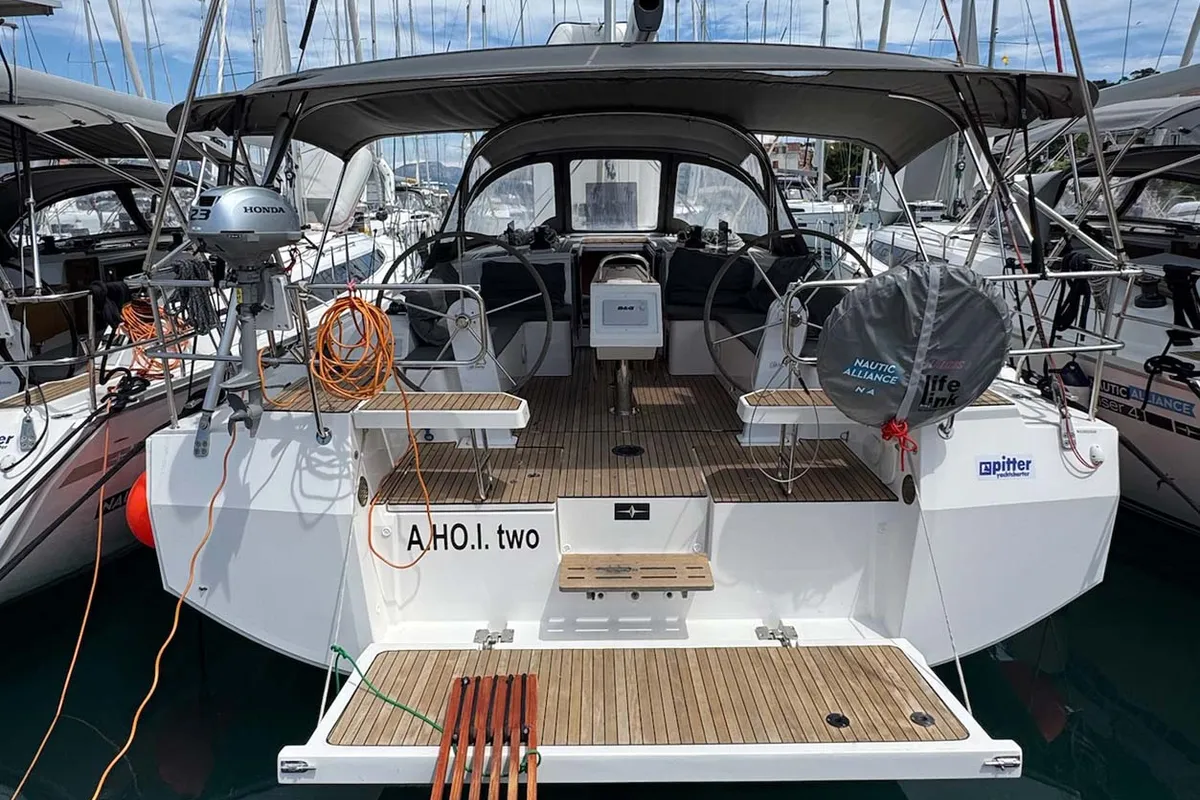 Exterior view of A.HO.I. two, a Bavaria C42 sailboat at Grad Trogir, Croatia