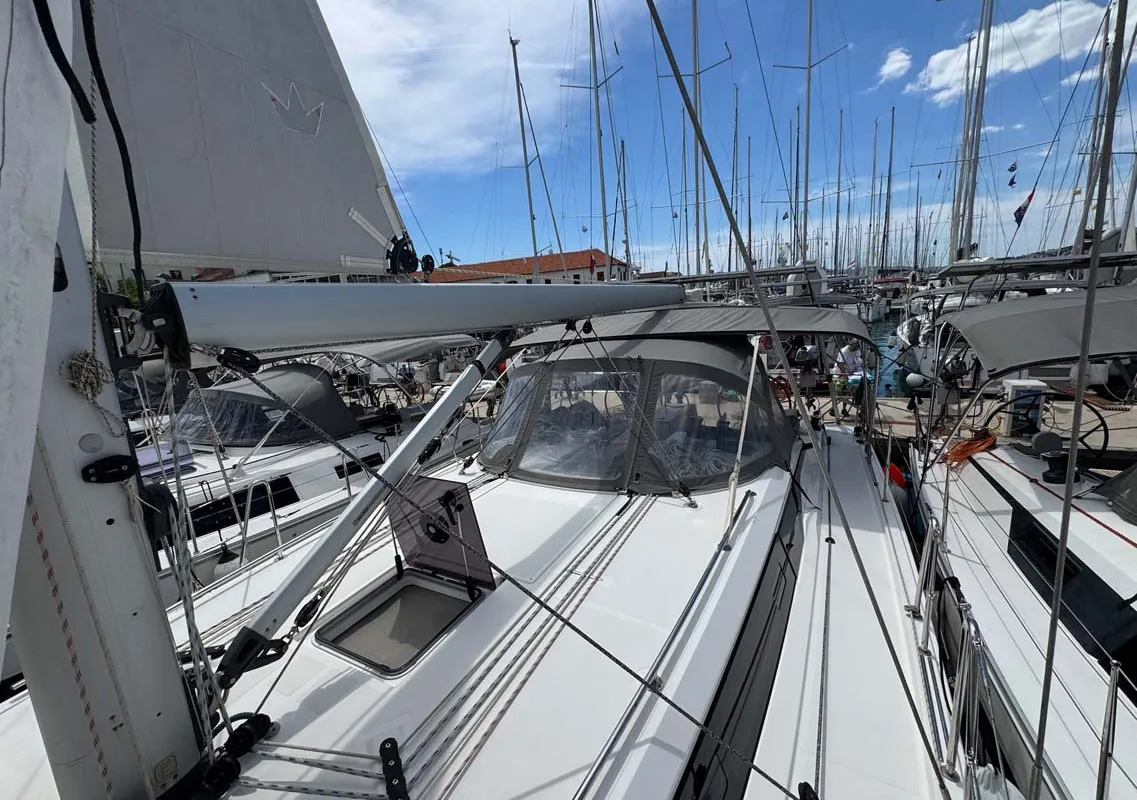 Deck of A.HO.I. two, a Bavaria C42 sailboat at Grad Trogir, Croatia