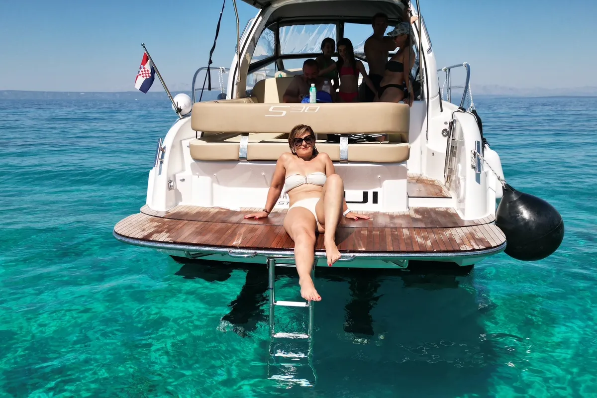 Deck of Lui, a Bavaria S30 motorboat at Grad Pula, Croatia
