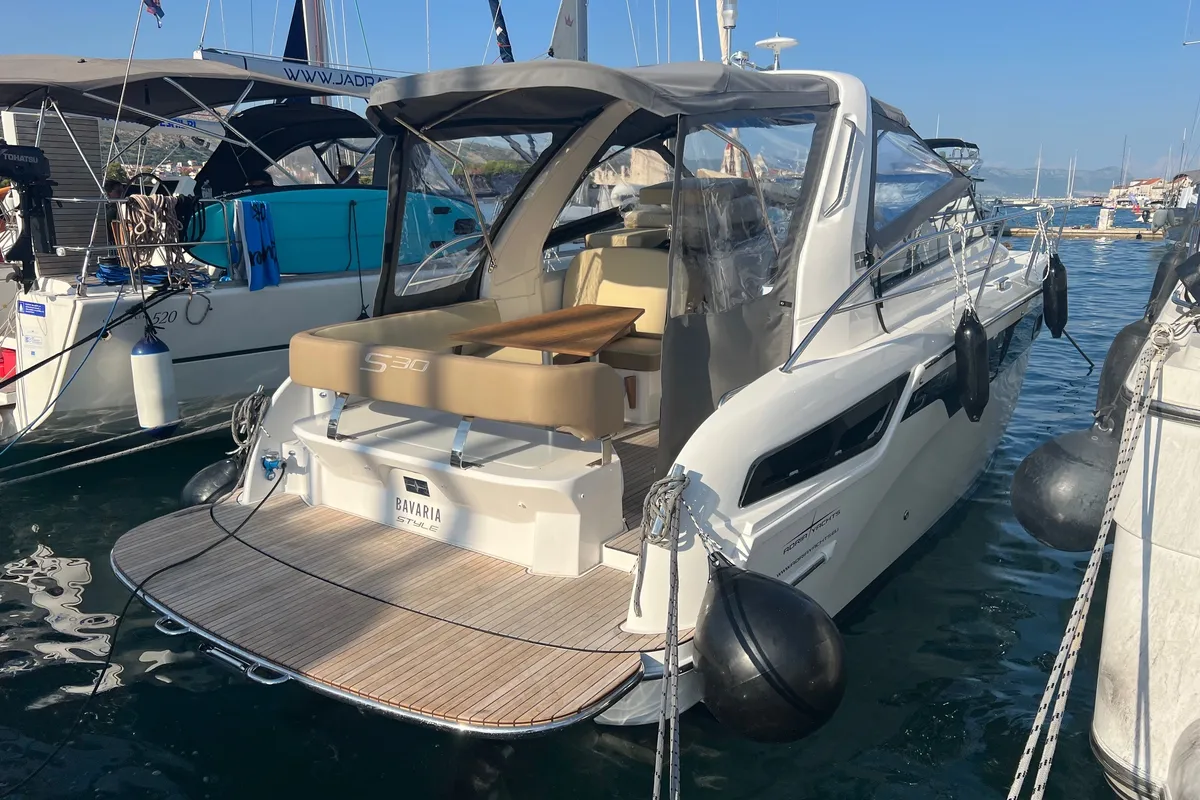Deck of Lui, a Bavaria S30 motorboat at Grad Pula, Croatia