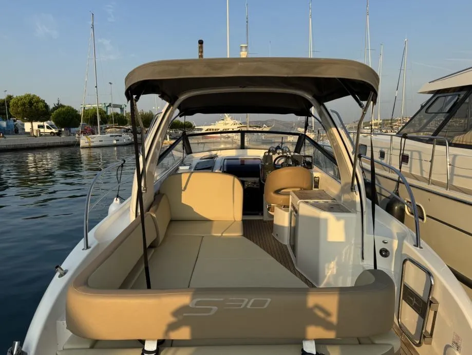 Deck of Lui, a Bavaria S30 motorboat at Grad Pula, Croatia
