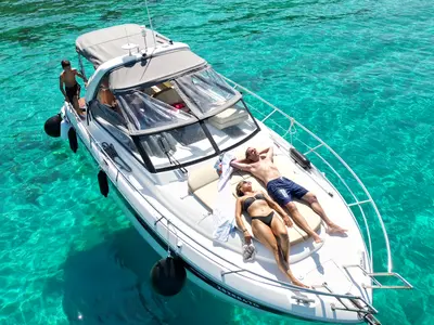 Deck of Lui, a Bavaria S30 motorboat at Grad Pula, Croatia