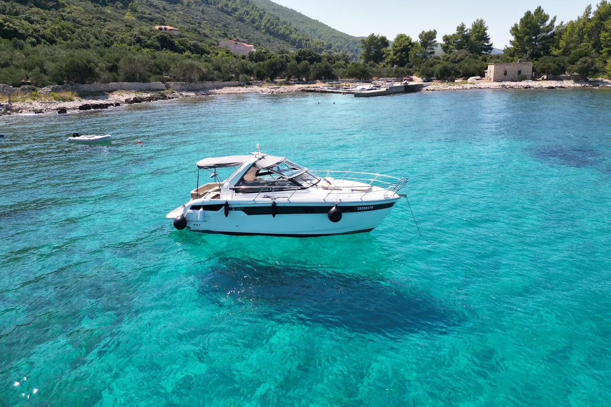 Exterior view of Lui, a Bavaria S30 motorboat at Grad Pula, Croatia