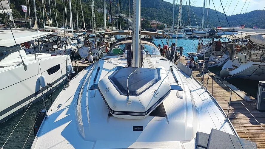 Deck of Seawalker, a Bavaria Cruiser 51 sailboat at Fethiye, Turkey