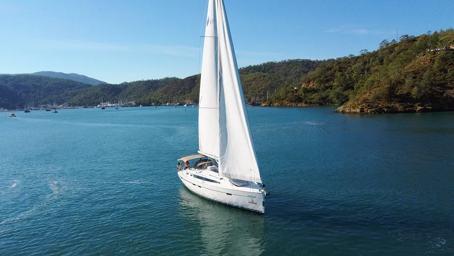 Exterior view of Seawalker, a Bavaria Cruiser 51 sailboat at Fethiye, Turkey
