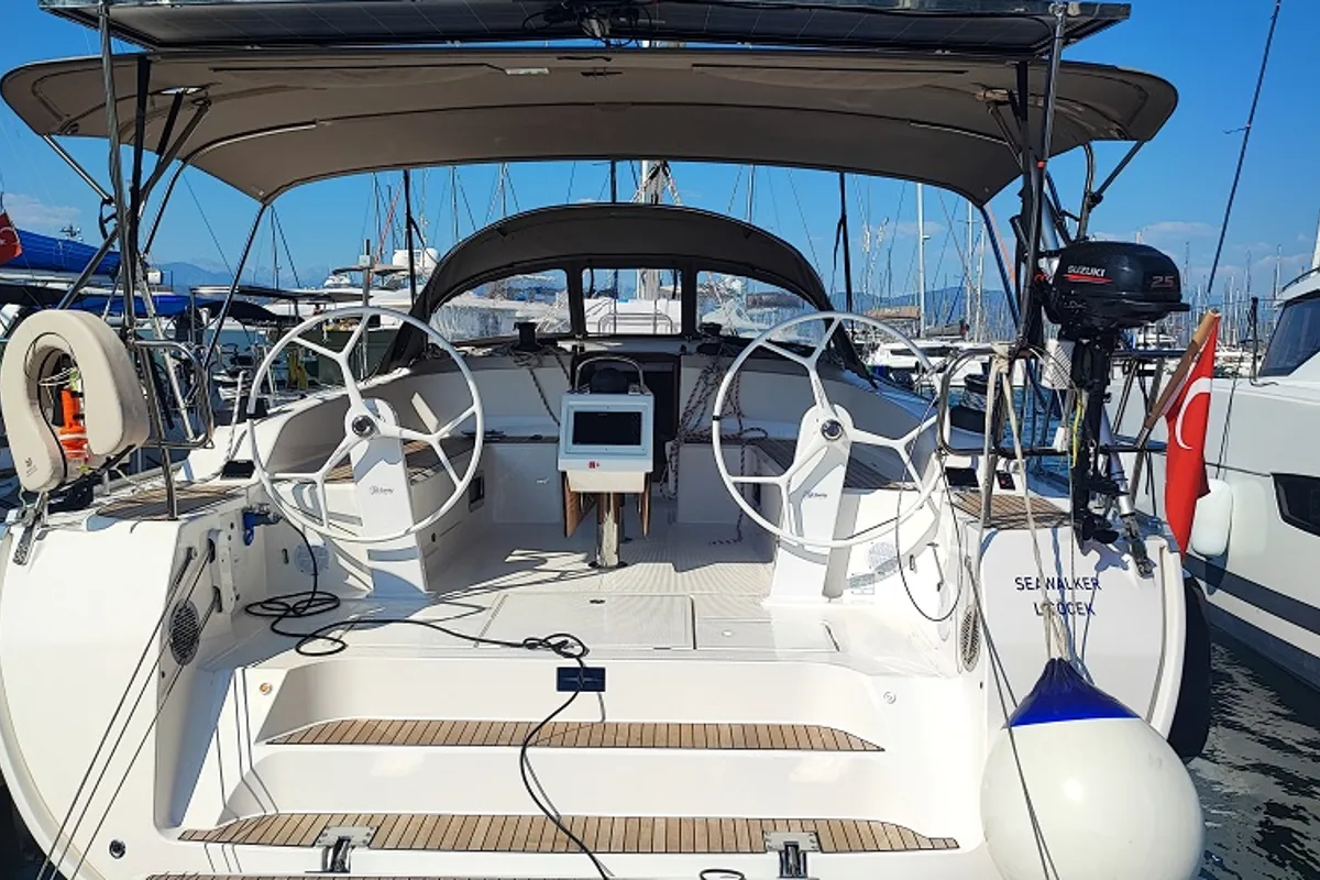 Cockpit of Seawalker, a Bavaria Cruiser 51 sailboat at Fethiye, Turkey