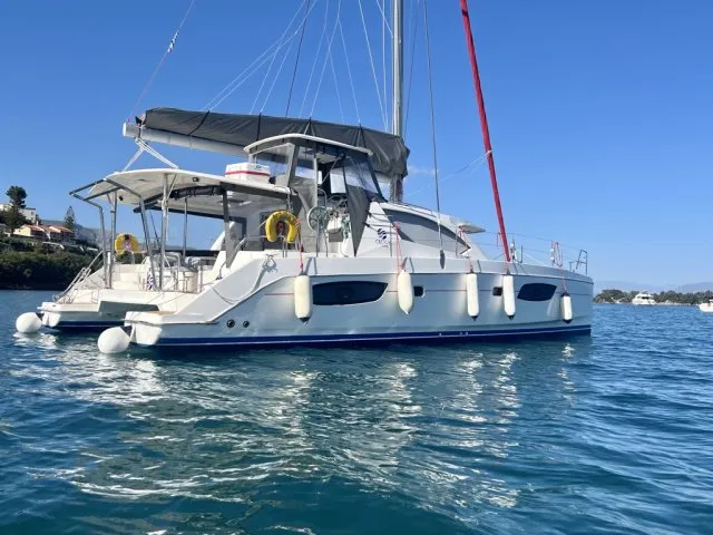 Exterior view of Cecilia, a Leopard 44 catamaran at Corfu, Greece