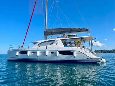 Exterior view of Cecilia, a Leopard 44 catamaran at Corfu, Greece