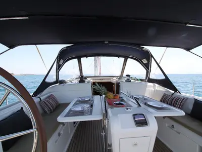 Cockpit of Jester, a Jeanneau Sun Odyssey 509 sailboat at Athens, Greece