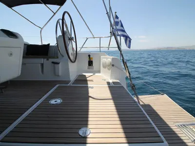 Deck of Jester, a Jeanneau Sun Odyssey 509 sailboat at Athens, Greece