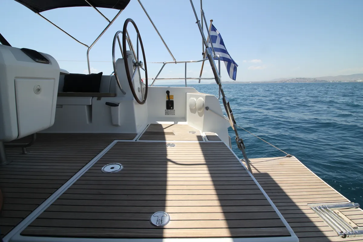 Deck of Jester, a Jeanneau Sun Odyssey 509 sailboat at Athens, Greece