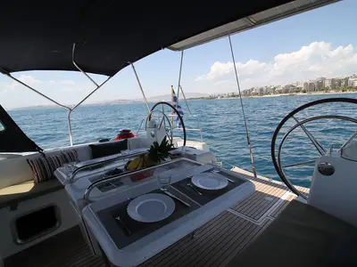 Cockpit of Jester, a Jeanneau Sun Odyssey 509 sailboat at Athens, Greece