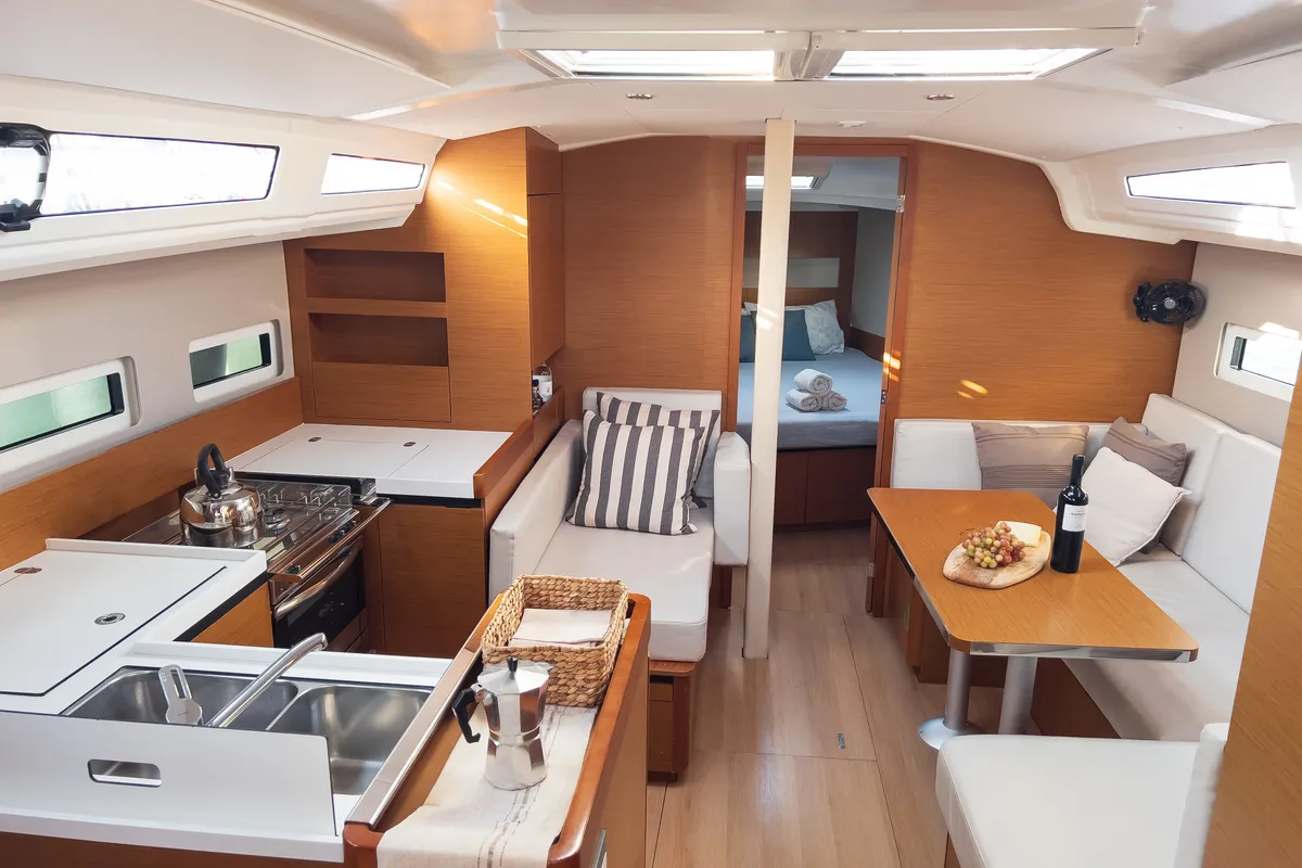 Galley of Irene, a Jeanneau Sun Odyssey 410 sailboat at Athens, Greece