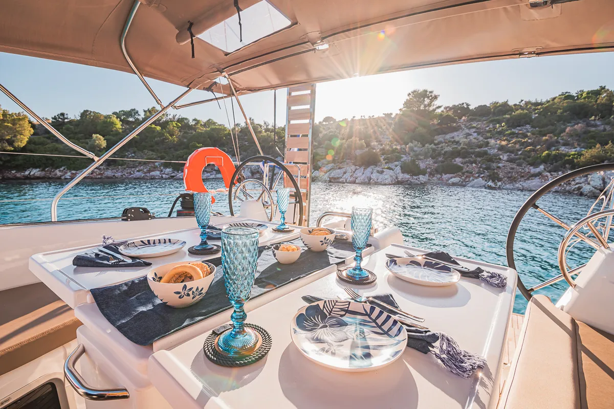 Deck of Irene, a Jeanneau Sun Odyssey 410 sailboat at Athens, Greece