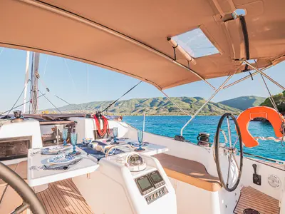 Cockpit of Irene, a Jeanneau Sun Odyssey 410 sailboat at Athens, Greece