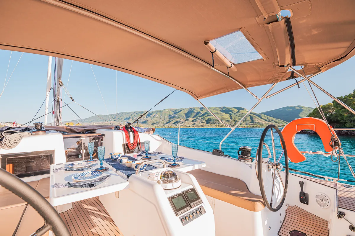 Cockpit of Irene, a Jeanneau Sun Odyssey 410 sailboat at Athens, Greece
