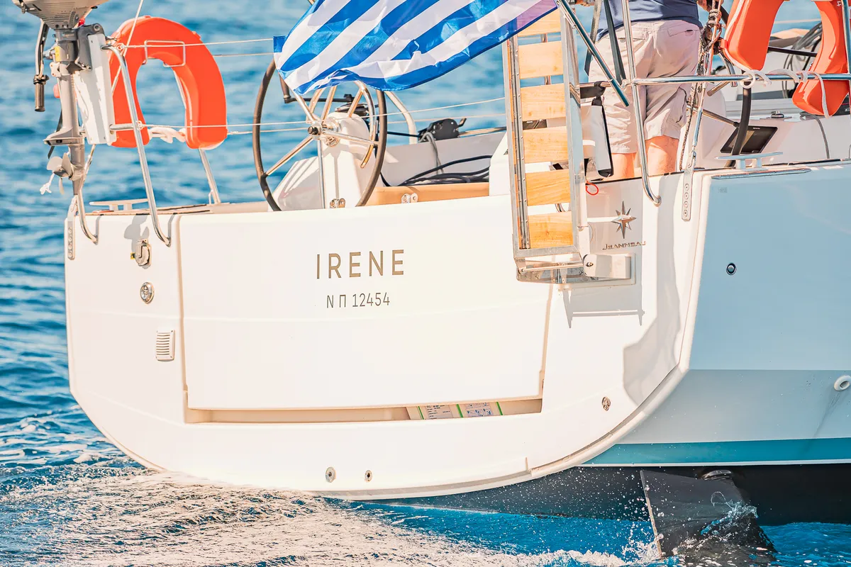 Exterior view of Irene, a Jeanneau Sun Odyssey 410 sailboat at Athens, Greece