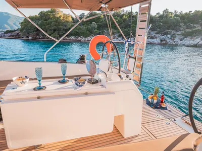 Deck of Irene, a Jeanneau Sun Odyssey 410 sailboat at Athens, Greece