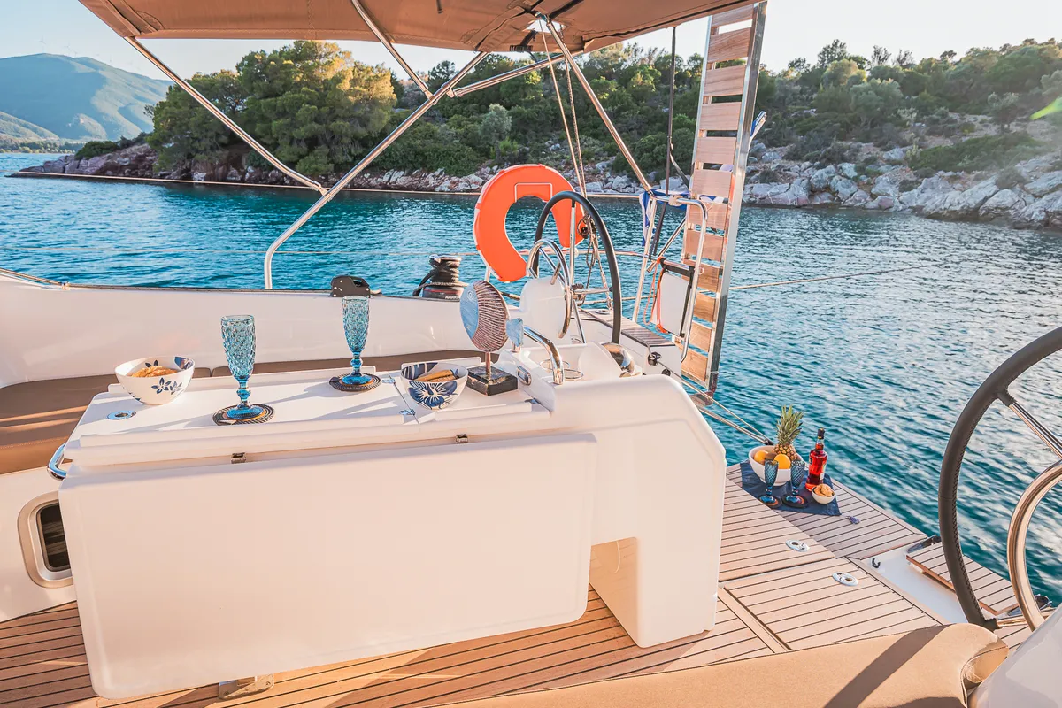 Deck of Irene, a Jeanneau Sun Odyssey 410 sailboat at Athens, Greece