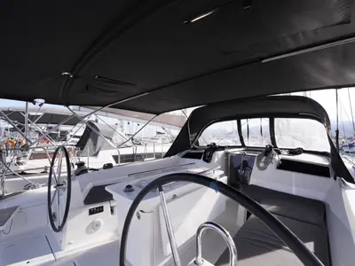 Cockpit of Joy, a Beneteau Oceanis 40.1 sailboat at Municipal Unit of Lefkada, Greece