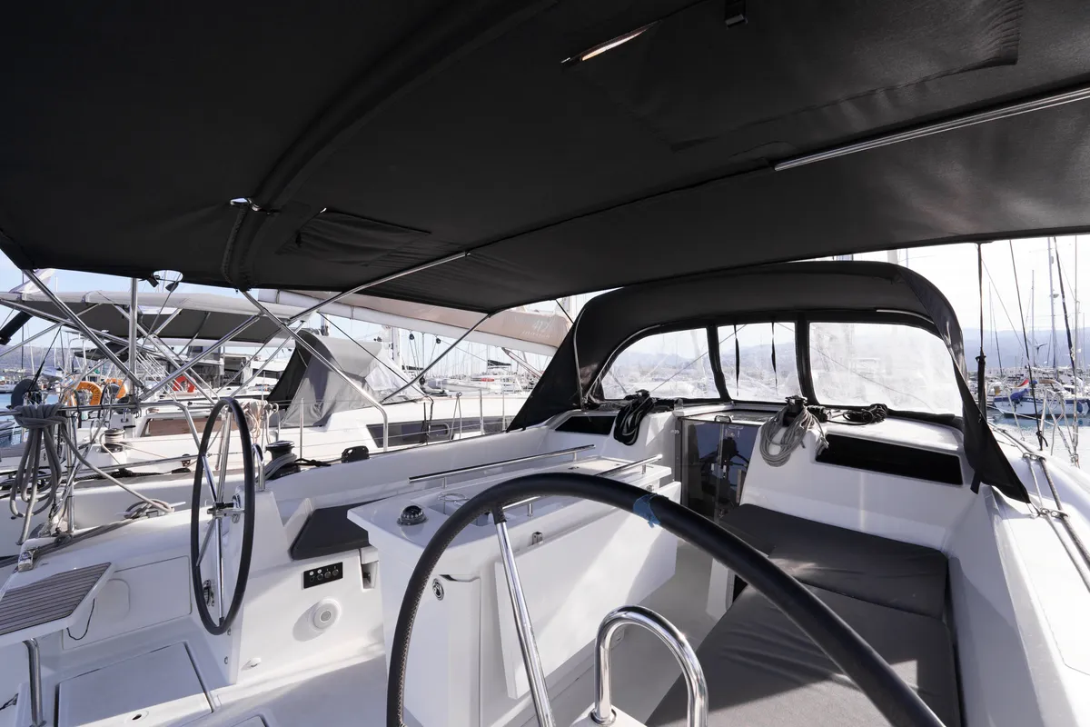 Cockpit of Joy, a Beneteau Oceanis 40.1 sailboat at Municipal Unit of Lefkada, Greece