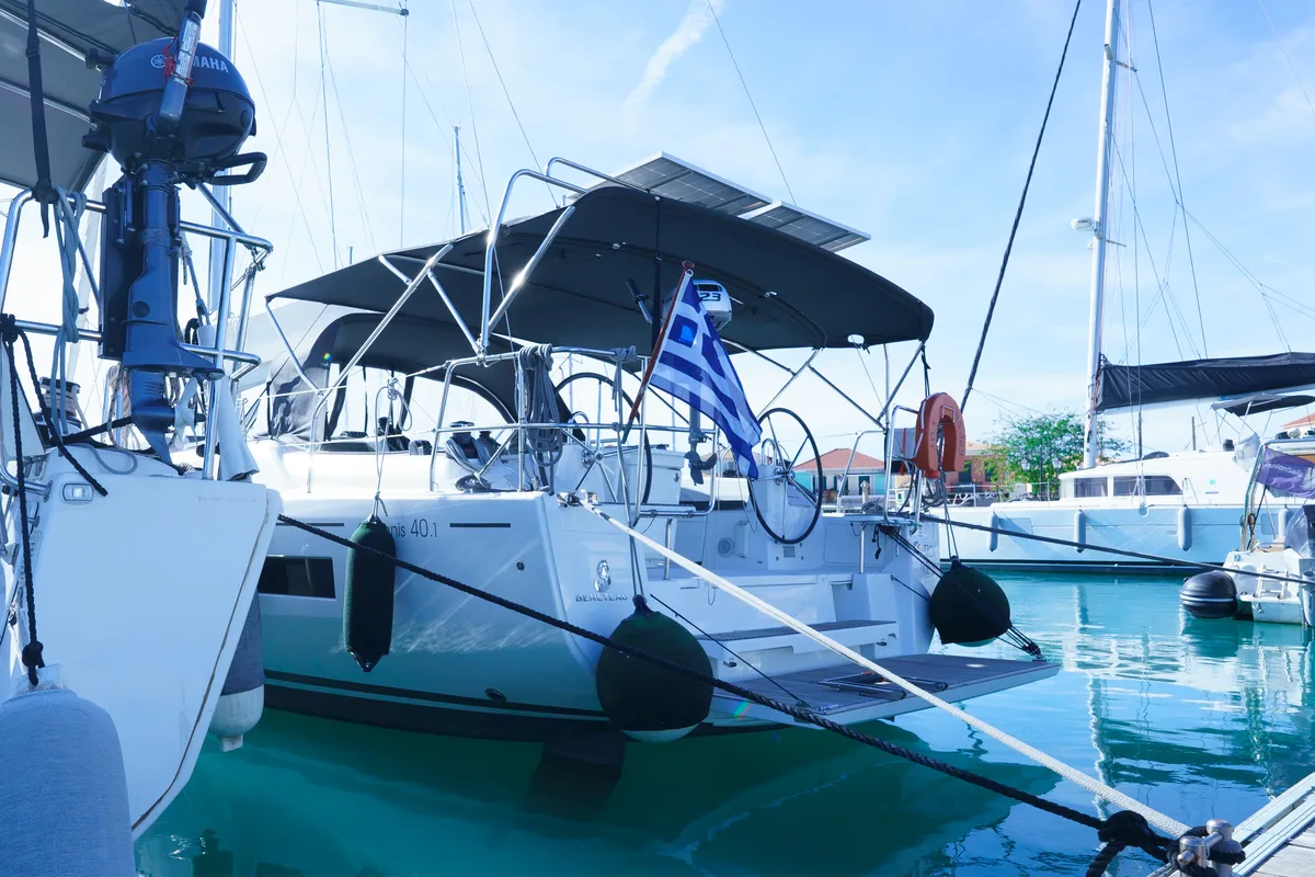 Exterior view of Joy, a Beneteau Oceanis 40.1 sailboat at Municipal Unit of Lefkada, Greece