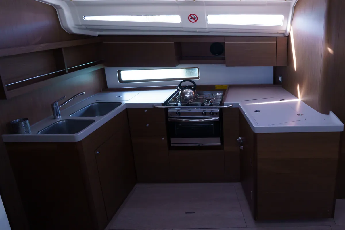 Galley of Joy, a Beneteau Oceanis 40.1 sailboat at Municipal Unit of Lefkada, Greece