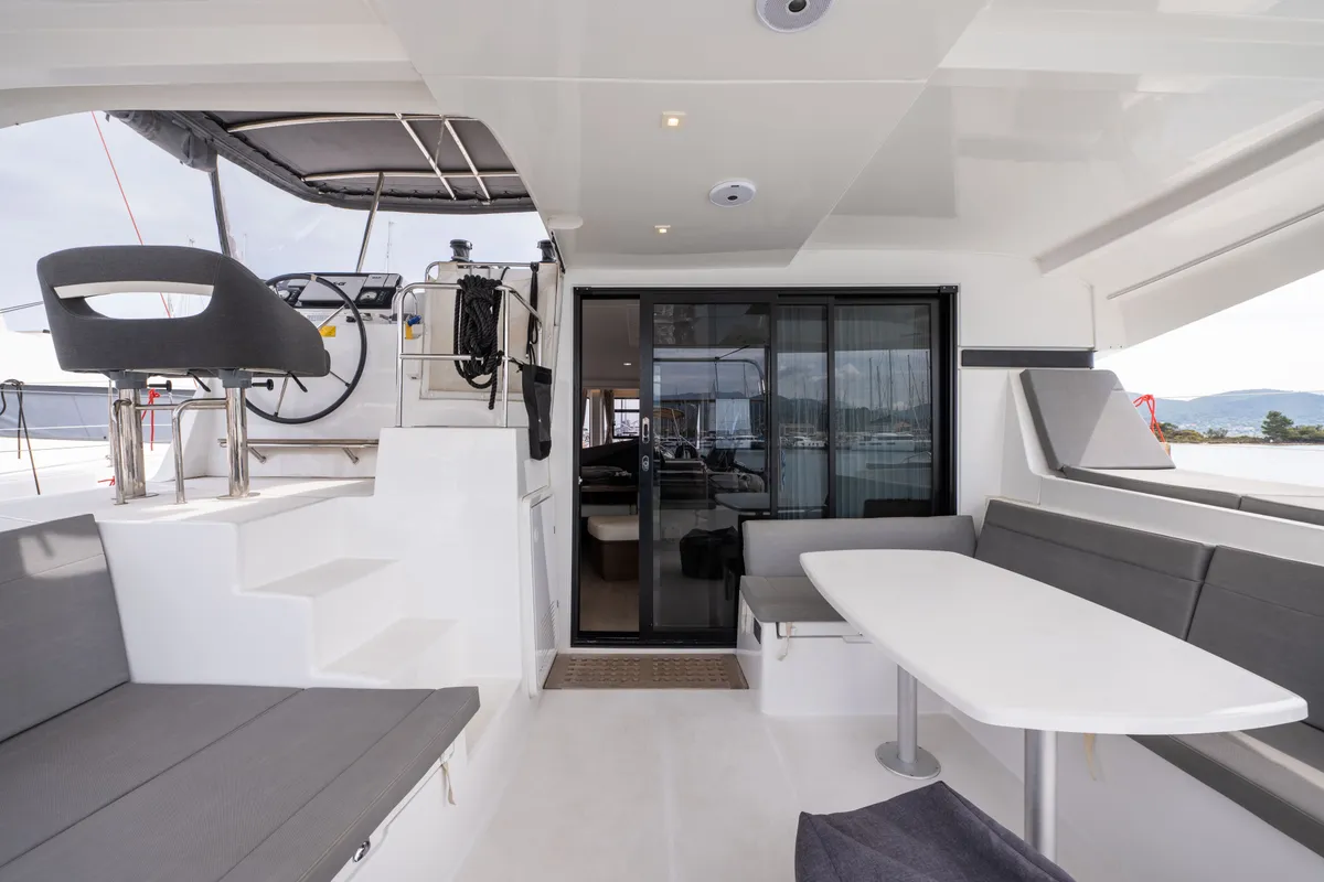 Cockpit of Nala, a Lagoon 42 catamaran at Municipal Unit of Lefkada, Greece