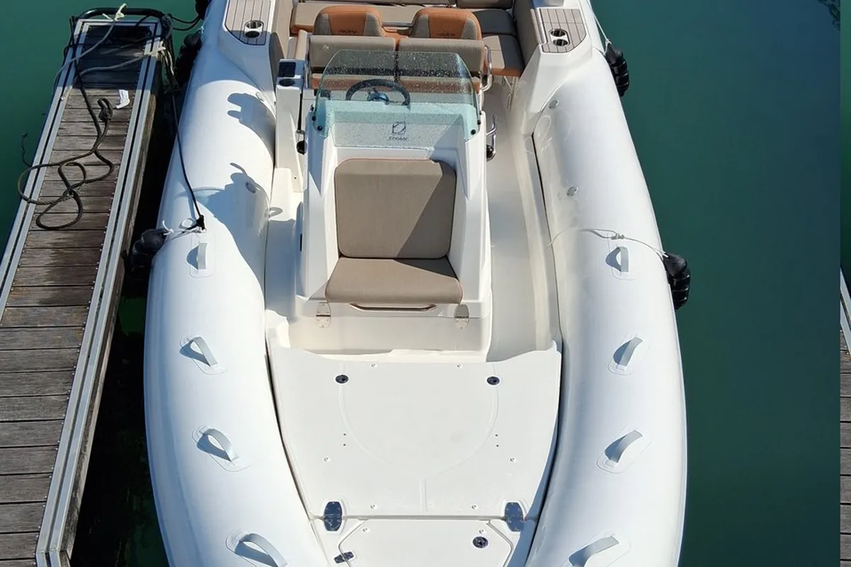 Deck of Clerose, a Zodiac Medline 7.5 RIB at La Rochelle, France