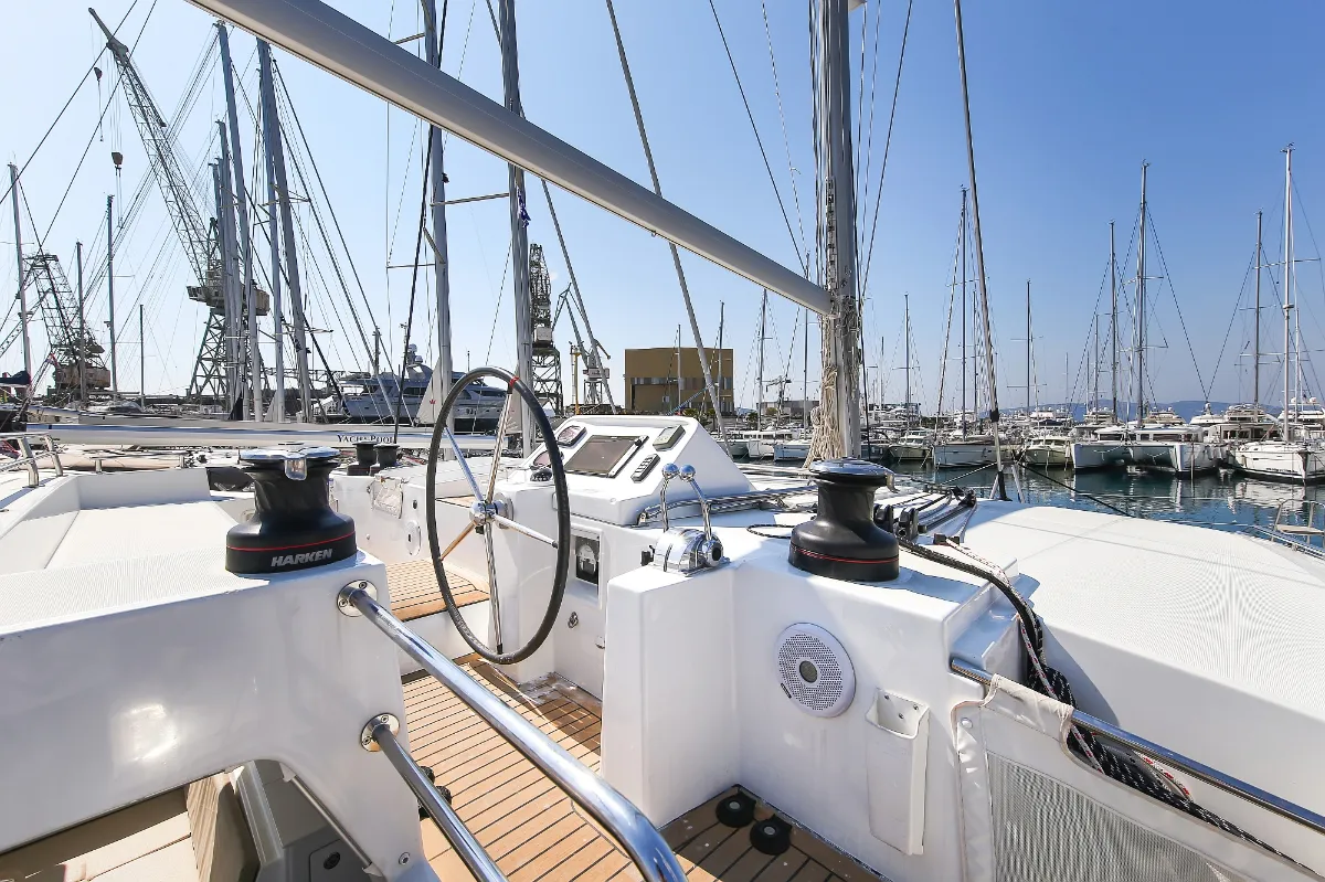 Deck of Fenadi, a Lagoon 450 F catamaran at Grad Trogir, Croatia