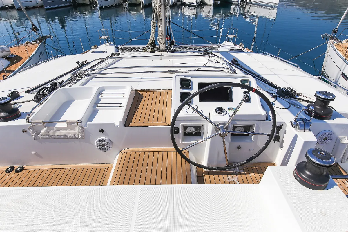 Cockpit of Fenadi, a Lagoon 450 F catamaran at Grad Trogir, Croatia