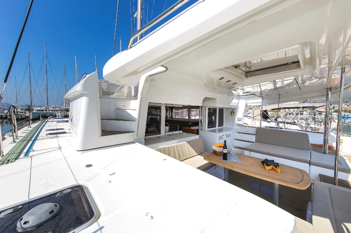 Deck of Fenadi, a Lagoon 450 F catamaran at Grad Trogir, Croatia