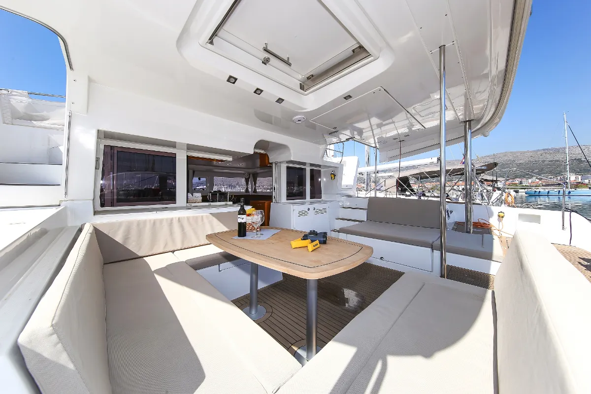 Deck of Fenadi, a Lagoon 450 F catamaran at Grad Trogir, Croatia