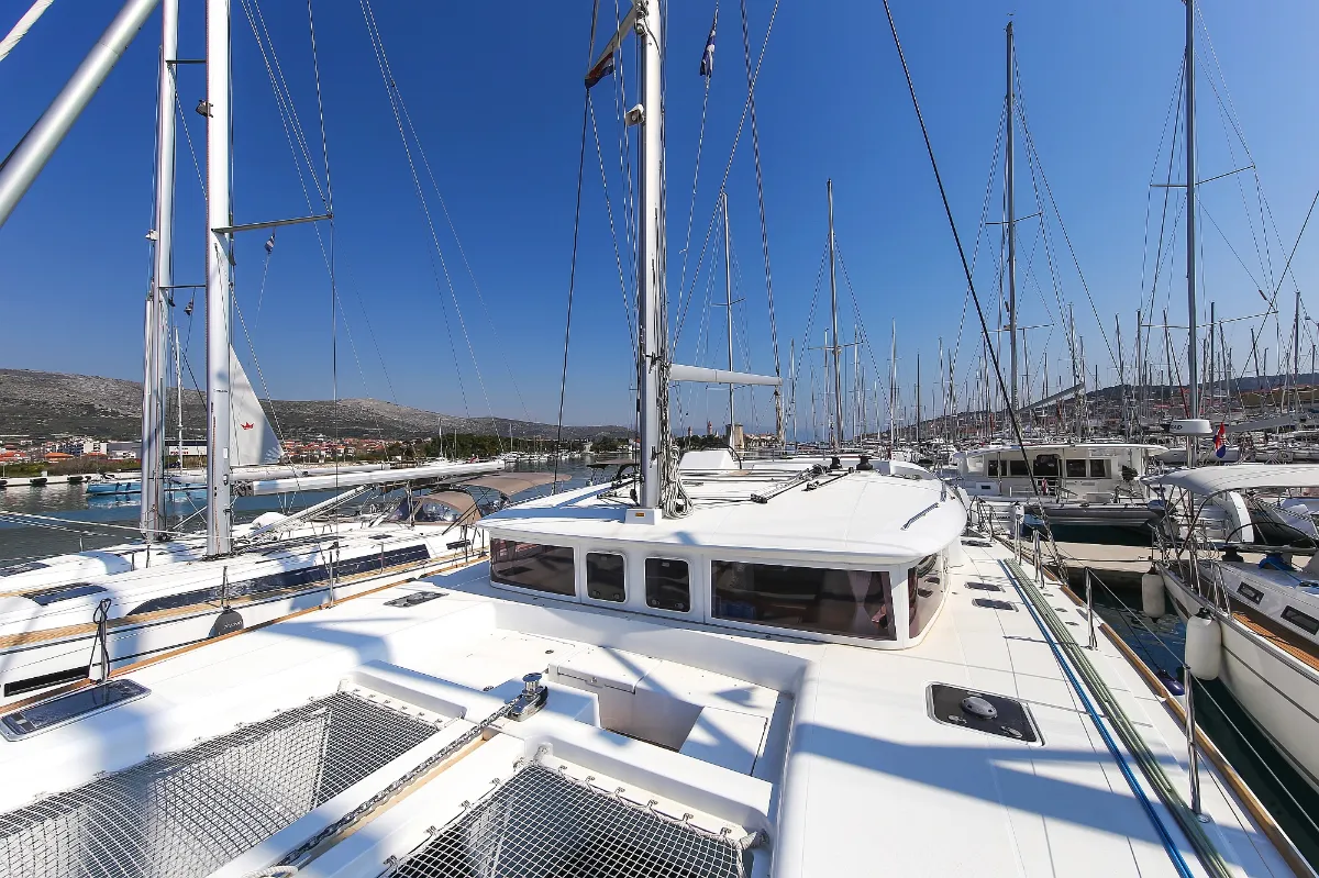 Deck of Fenadi, a Lagoon 450 F catamaran at Grad Trogir, Croatia