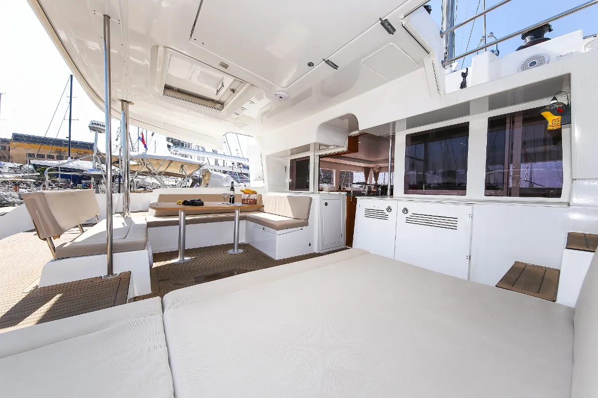 Deck of Fenadi, a Lagoon 450 F catamaran at Grad Trogir, Croatia