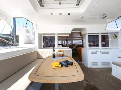 Cockpit of Fenadi, a Lagoon 450 F catamaran at Grad Trogir, Croatia
