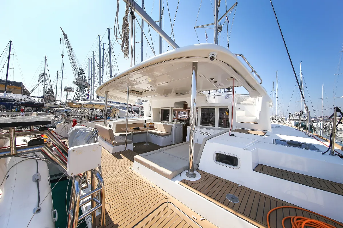 Deck of Fenadi, a Lagoon 450 F catamaran at Grad Trogir, Croatia
