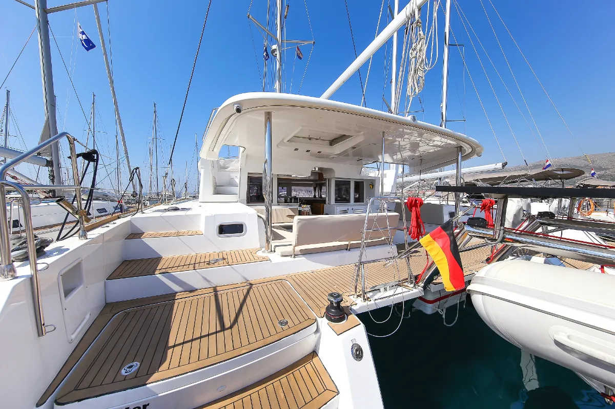 Deck of Fenadi, a Lagoon 450 F catamaran at Grad Trogir, Croatia