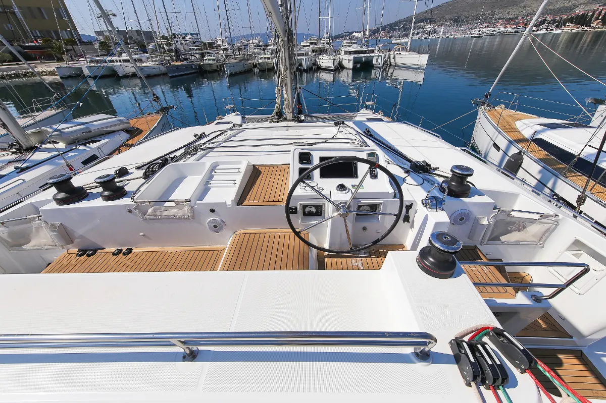 Cockpit of Fenadi, a Lagoon 450 F catamaran at Grad Trogir, Croatia