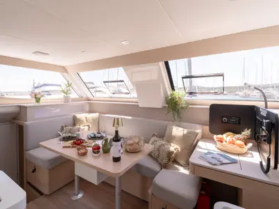 Salon of Rosinante, a Aventura 37 catamaran at Pirovac, Croatia