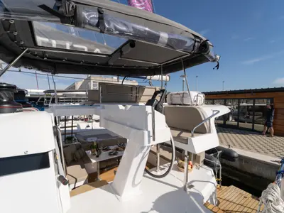Cockpit of Rosinante, a Aventura 37 catamaran at Pirovac, Croatia
