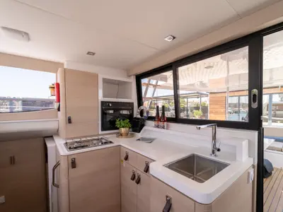 Galley of Rosinante, a Aventura 37 catamaran at Pirovac, Croatia