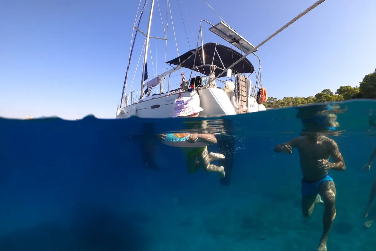 Exterior view of Serenity, a Beneteau Oceanis 43 sailboat at Athens, Greece
