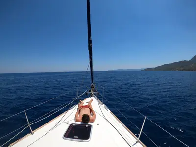 Deck of Serenity, a Beneteau Oceanis 43 sailboat at Athens, Greece