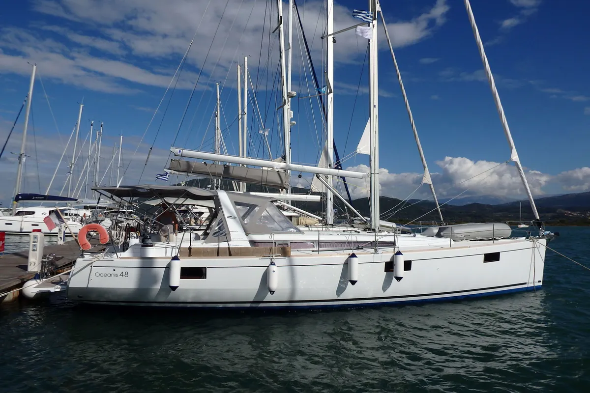 Exterior view of Joy, a Beneteau Oceanis 48 sailboat at Municipal Unit of Lefkada, Greece