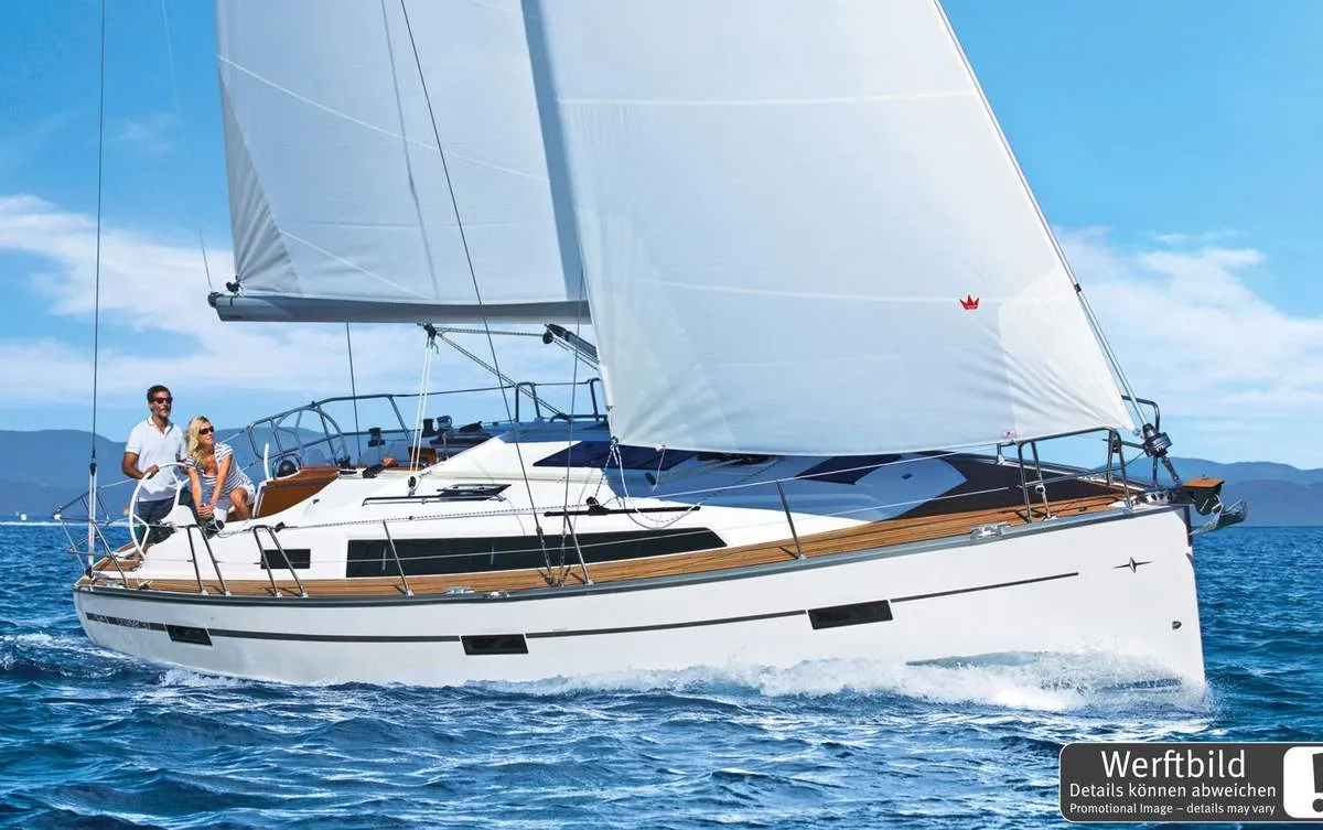 Exterior view of Bärbel, a Bavaria Cruiser 37 sailboat at Heiligenhafen, Germany